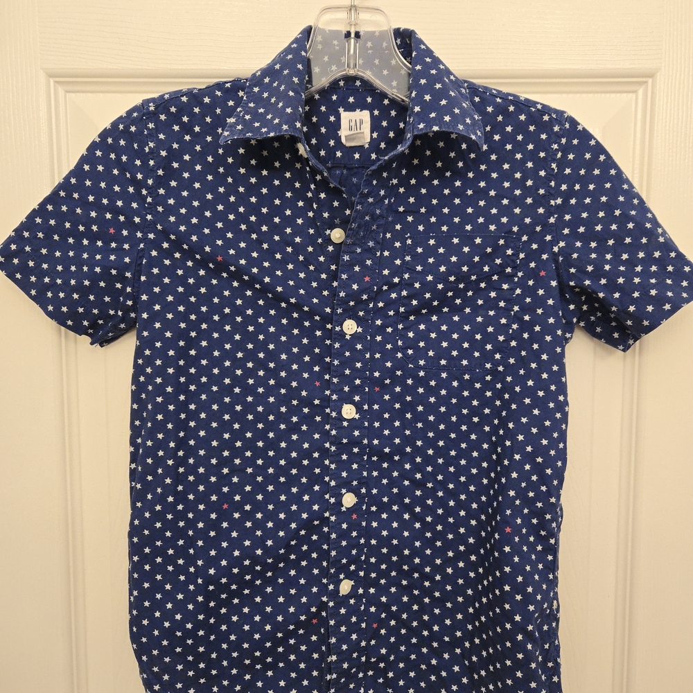Gap Kids Sz. S Cute Preppy Button-Down, Short Sleeves, Navy Blue, Stars